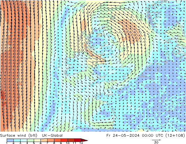 Rüzgar 10 m (bft) UK-Global Cu 24.05.2024 00 UTC