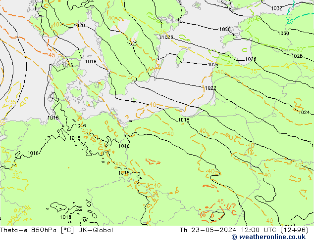 Theta-e 850hPa UK-Global do 23.05.2024 12 UTC
