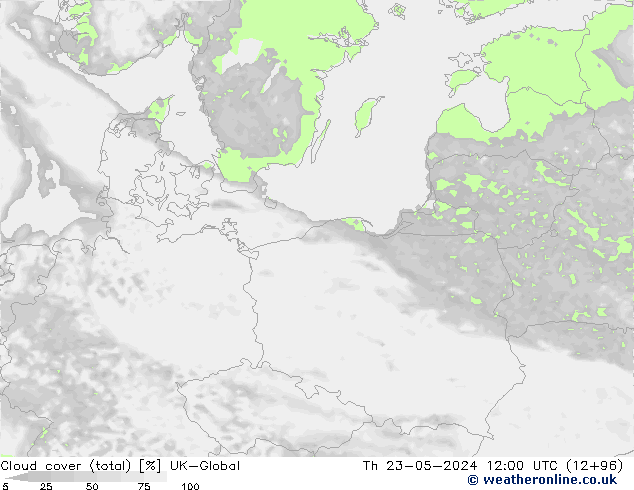 Cloud cover (total) UK-Global Čt 23.05.2024 12 UTC