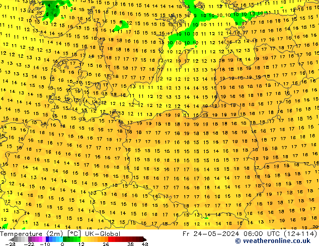 Temperature (2m) UK-Global Fr 24.05.2024 06 UTC