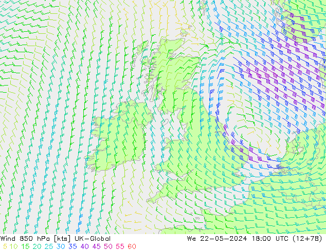 ветер 850 гПа UK-Global ср 22.05.2024 18 UTC