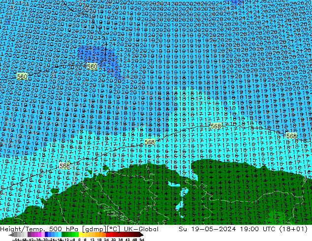Hoogte/Temp. 500 hPa UK-Global zo 19.05.2024 19 UTC