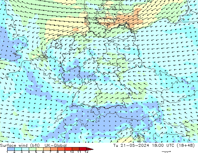 Wind 10 m (bft) UK-Global di 21.05.2024 18 UTC