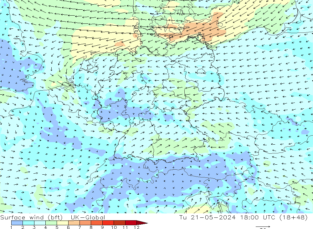 Surface wind (bft) UK-Global Tu 21.05.2024 18 UTC