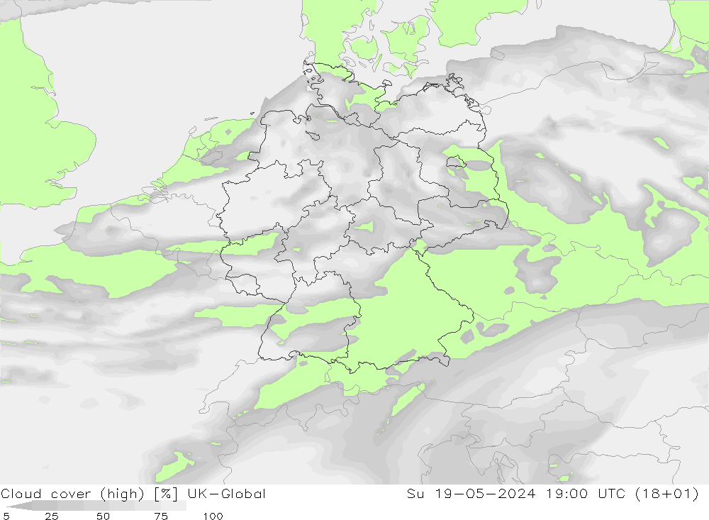 Cloud cover (high) UK-Global Su 19.05.2024 19 UTC