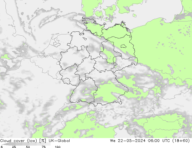 Bewolking (Laag) UK-Global wo 22.05.2024 06 UTC