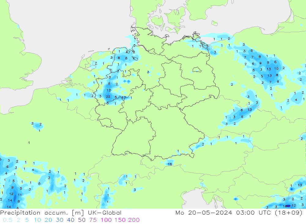 Precipitation accum. UK-Global Mo 20.05.2024 03 UTC