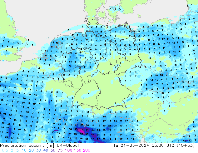 Precipitation accum. UK-Global Tu 21.05.2024 03 UTC