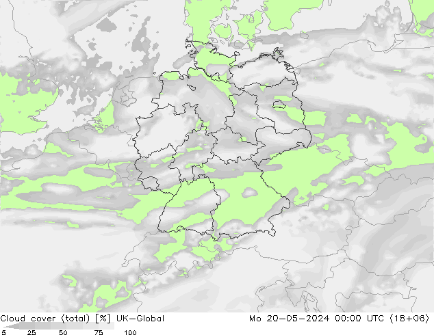 Cloud cover (total) UK-Global Po 20.05.2024 00 UTC