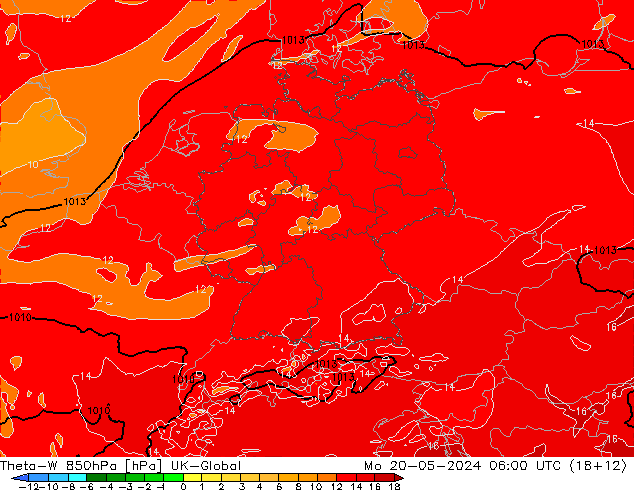 Theta-W 850hPa UK-Global pon. 20.05.2024 06 UTC