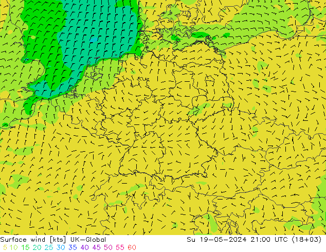 Surface wind UK-Global Su 19.05.2024 21 UTC