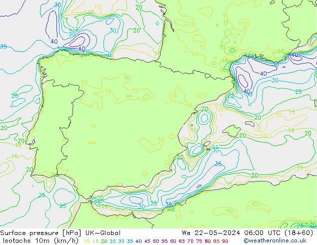 Isotachs (kph) UK-Global Qua 22.05.2024 06 UTC