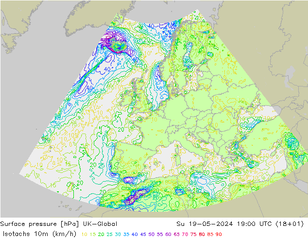 10米等风速线 (kph) UK-Global 星期日 19.05.2024 19 UTC