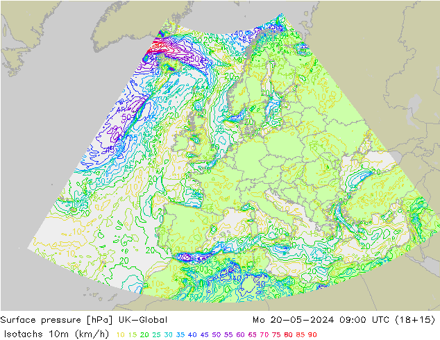 Eşrüzgar Hızları (km/sa) UK-Global Pzt 20.05.2024 09 UTC