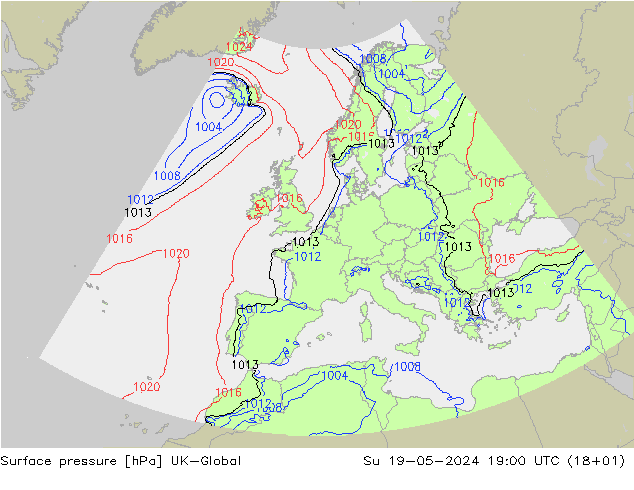 Pressione al suolo UK-Global dom 19.05.2024 19 UTC