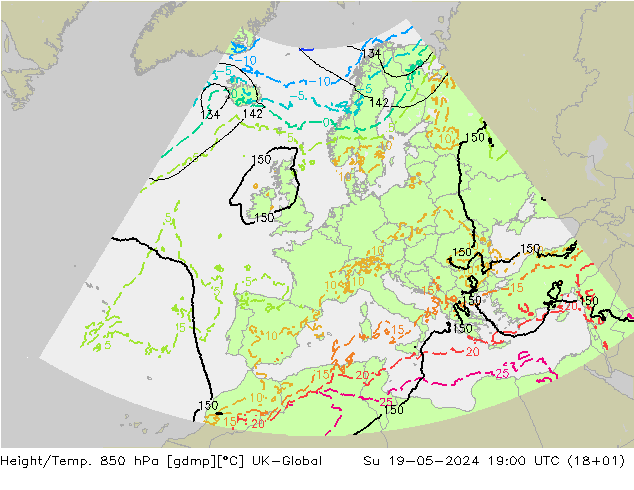 Hoogte/Temp. 850 hPa UK-Global zo 19.05.2024 19 UTC
