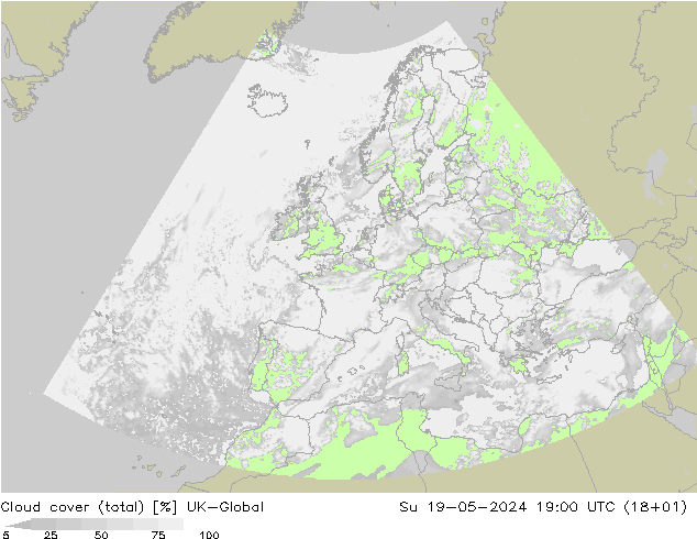 Bewolking (Totaal) UK-Global zo 19.05.2024 19 UTC