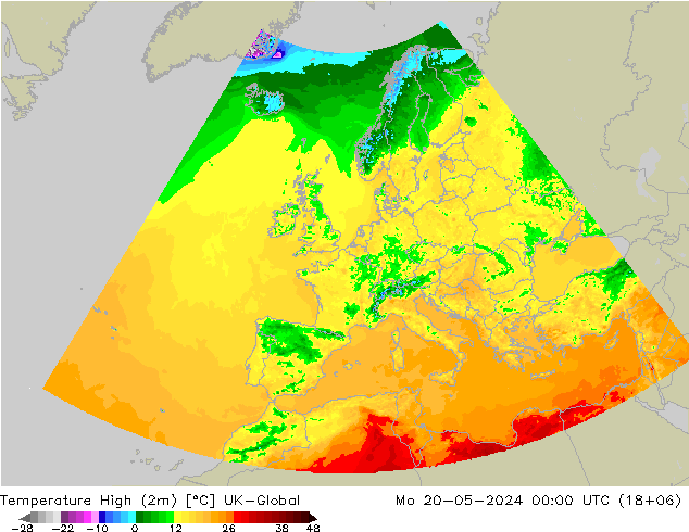Max.temperatuur (2m) UK-Global ma 20.05.2024 00 UTC