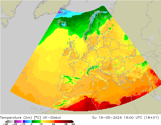 Temperatura (2m) UK-Global dom 19.05.2024 19 UTC