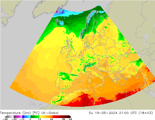 Temperature (2m) UK-Global Su 19.05.2024 21 UTC