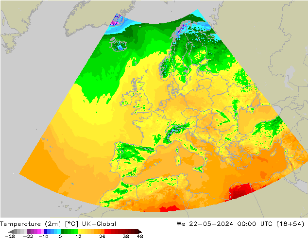 Temperature (2m) UK-Global We 22.05.2024 00 UTC