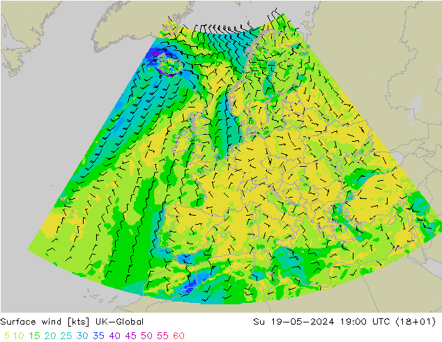 Wind 10 m UK-Global zo 19.05.2024 19 UTC