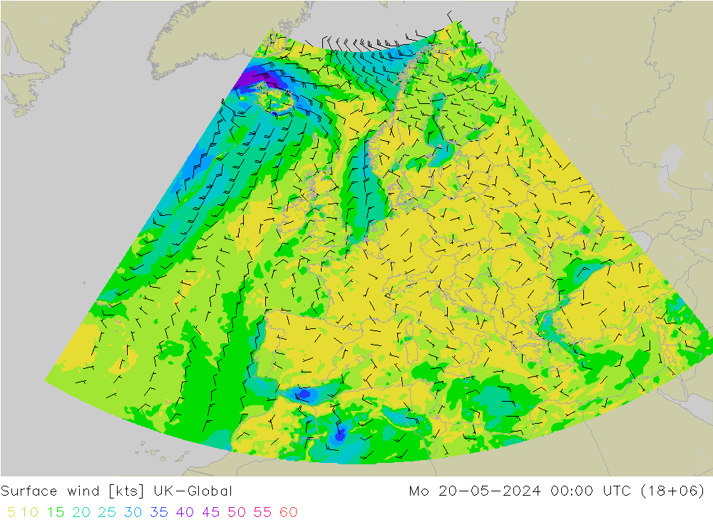 Surface wind UK-Global Mo 20.05.2024 00 UTC