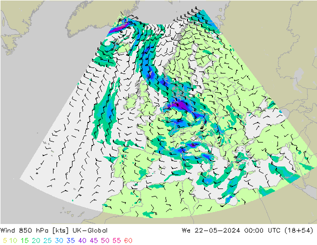wiatr 850 hPa UK-Global śro. 22.05.2024 00 UTC