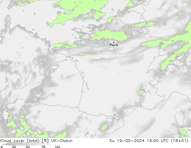 Cloud cover (total) UK-Global Su 19.05.2024 19 UTC