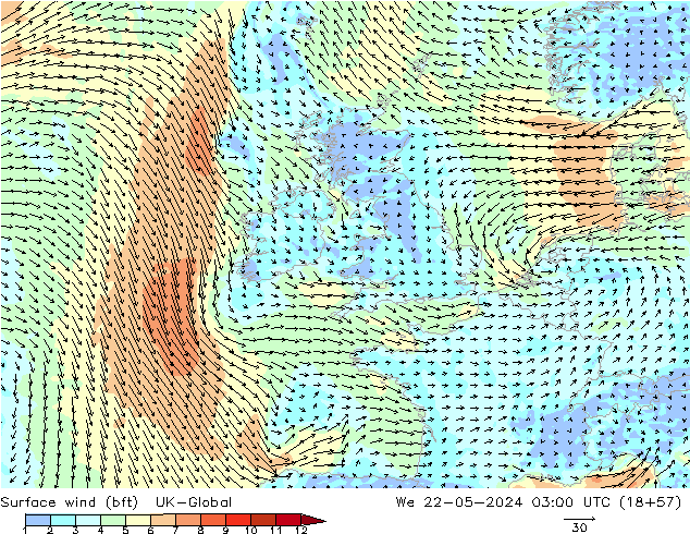 Surface wind (bft) UK-Global We 22.05.2024 03 UTC