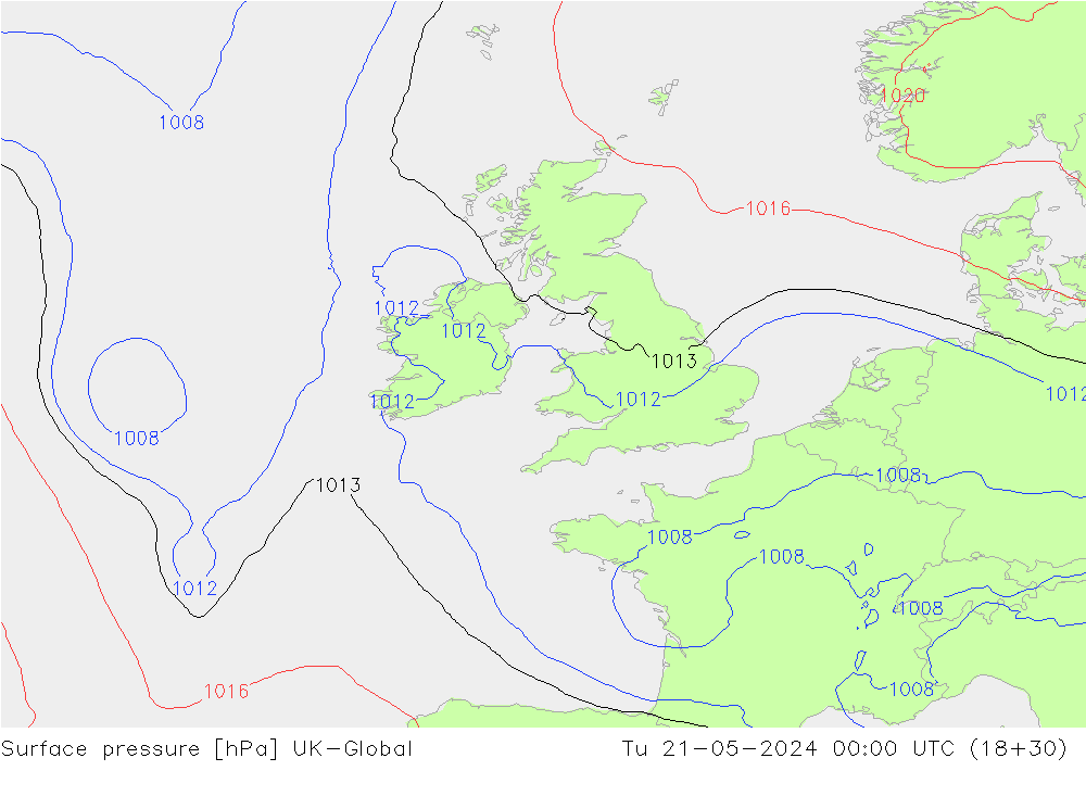 Surface pressure UK-Global Tu 21.05.2024 00 UTC