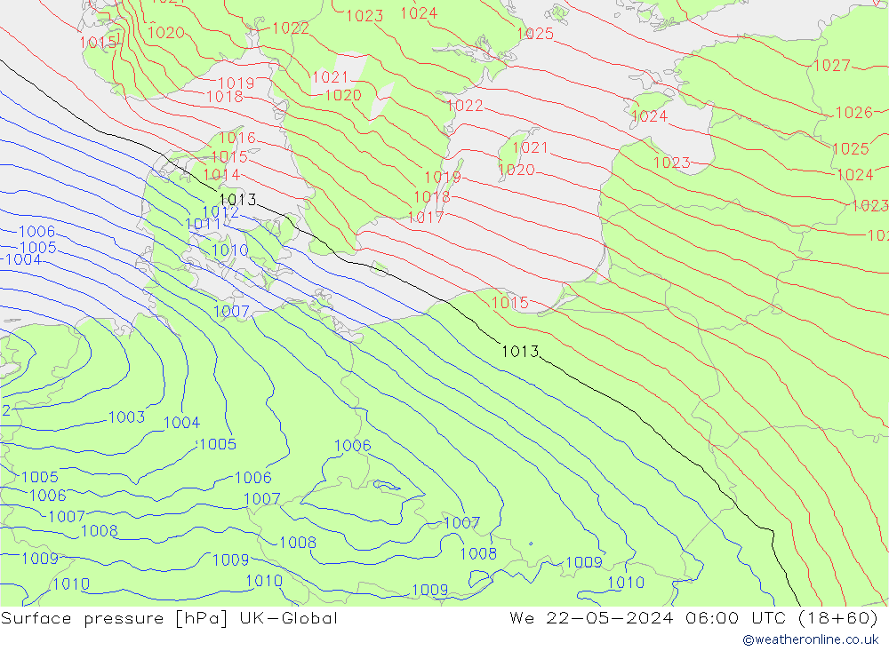 Presión superficial UK-Global mié 22.05.2024 06 UTC