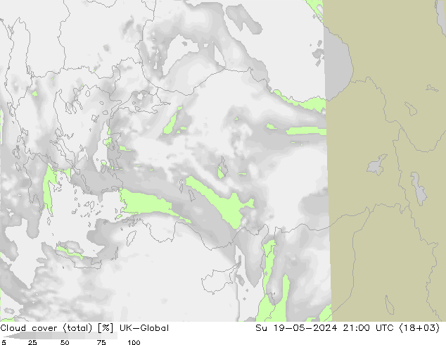 Cloud cover (total) UK-Global Su 19.05.2024 21 UTC