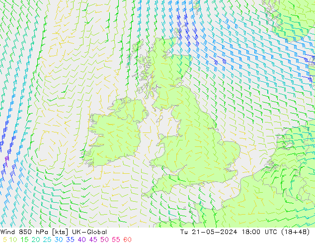 Wind 850 hPa UK-Global Út 21.05.2024 18 UTC