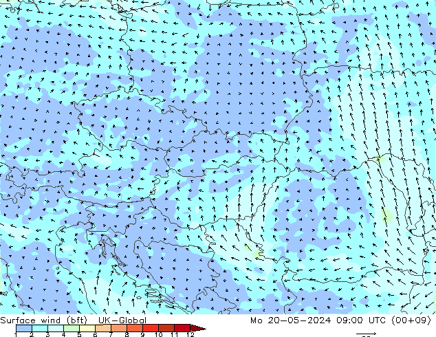 Surface wind (bft) UK-Global Mo 20.05.2024 09 UTC