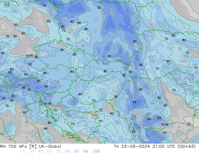 Humidité rel. 700 hPa UK-Global jeu 23.05.2024 21 UTC