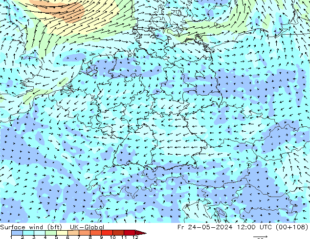 Surface wind (bft) UK-Global Fr 24.05.2024 12 UTC