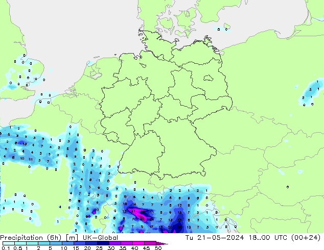 Precipitation (6h) UK-Global Tu 21.05.2024 00 UTC
