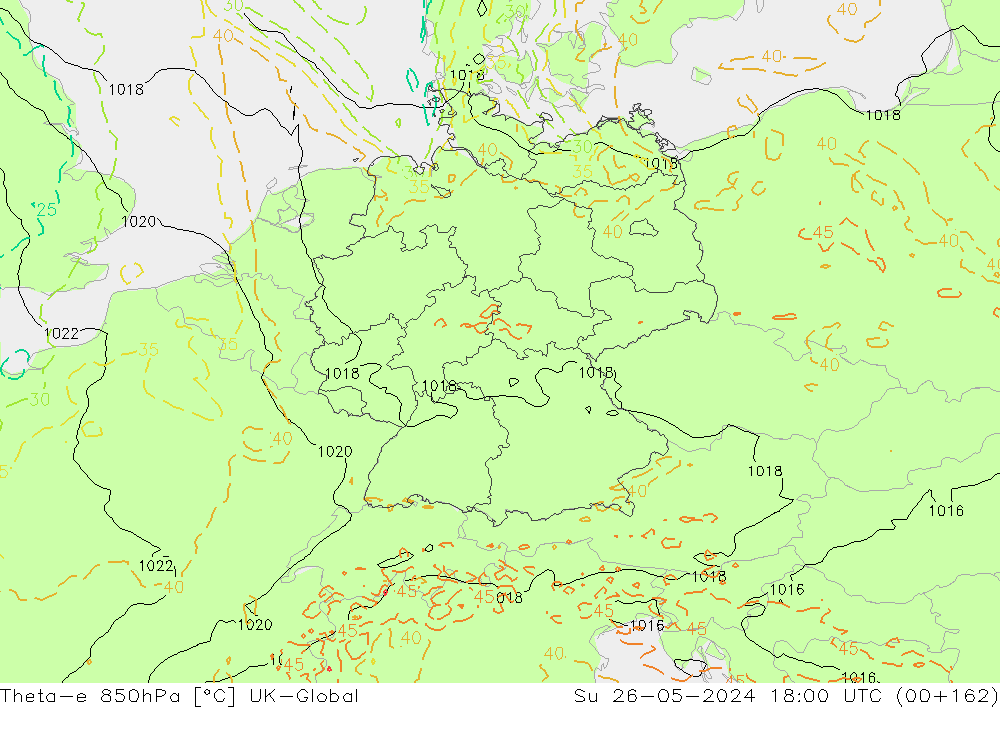Theta-e 850hPa UK-Global dim 26.05.2024 18 UTC