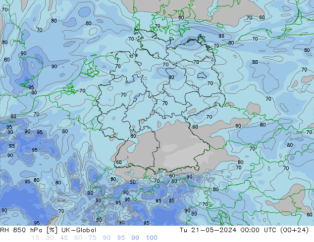 Humedad rel. 850hPa UK-Global mar 21.05.2024 00 UTC