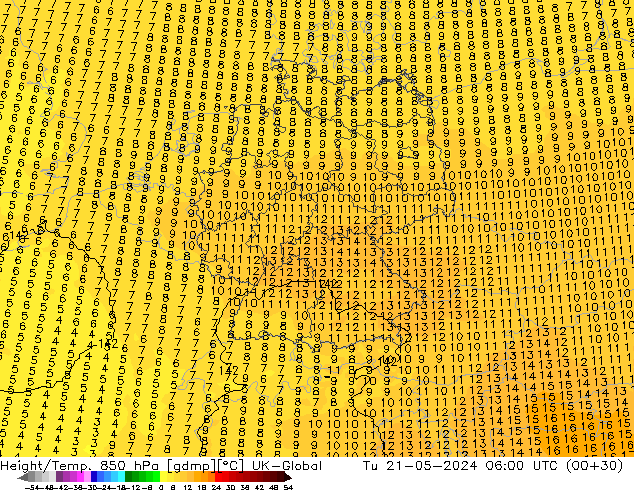 Hoogte/Temp. 850 hPa UK-Global di 21.05.2024 06 UTC
