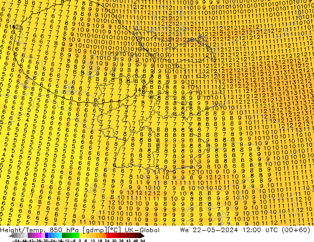 Hoogte/Temp. 850 hPa UK-Global wo 22.05.2024 12 UTC
