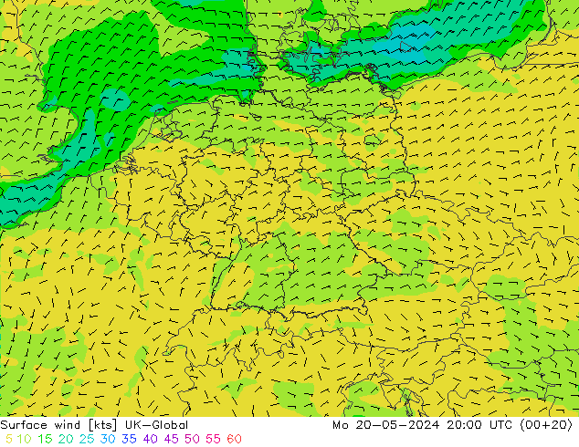 Surface wind UK-Global Mo 20.05.2024 20 UTC
