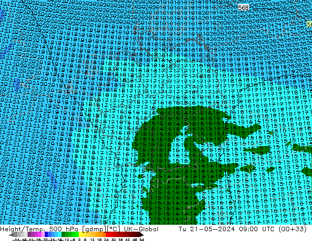 Hoogte/Temp. 500 hPa UK-Global di 21.05.2024 09 UTC
