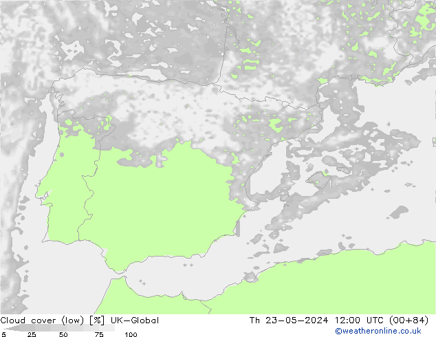 Cloud cover (low) UK-Global Th 23.05.2024 12 UTC