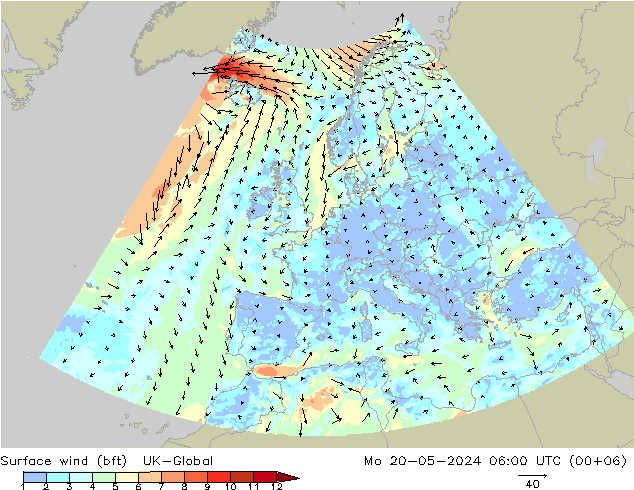 Surface wind (bft) UK-Global Mo 20.05.2024 06 UTC