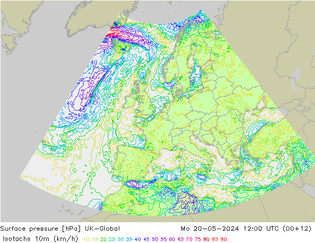 Isotachs (kph) UK-Global Mo 20.05.2024 12 UTC