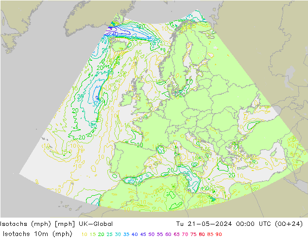 Isotachs (mph) UK-Global 星期二 21.05.2024 00 UTC