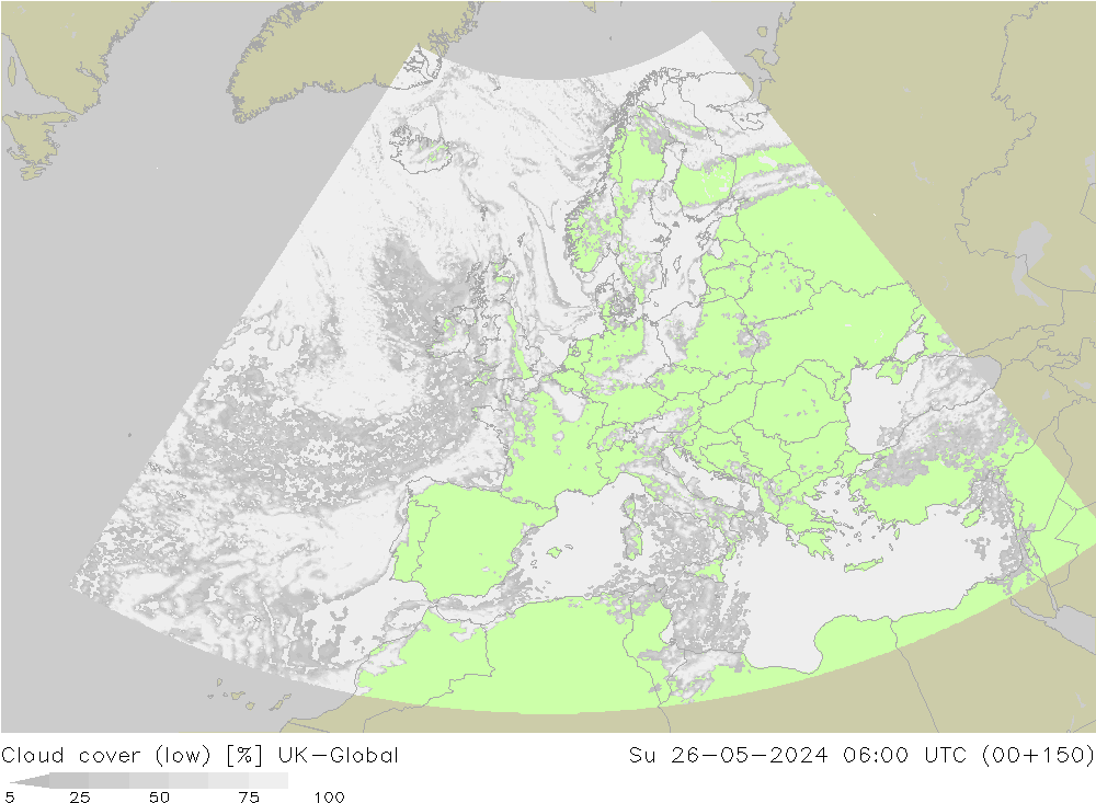 Bewolking (Laag) UK-Global zo 26.05.2024 06 UTC