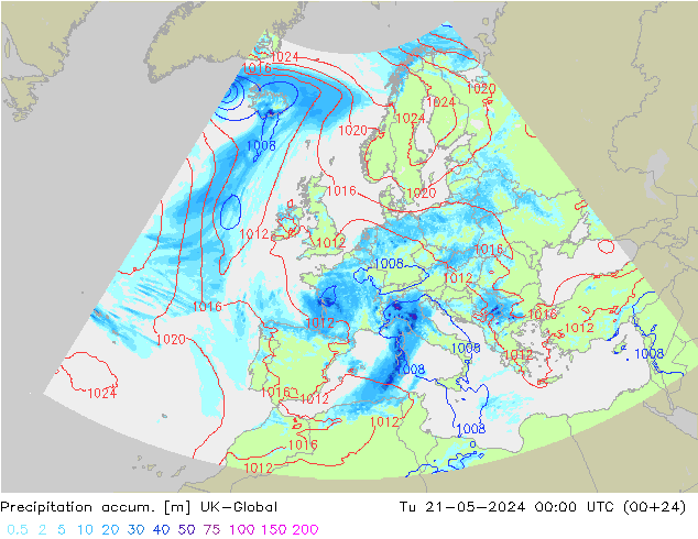 Precipitation accum. UK-Global 星期二 21.05.2024 00 UTC